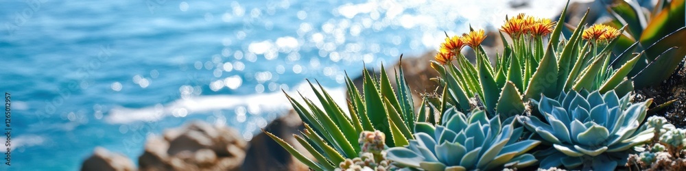 Vibrant coastal succulents overlooking a sparkling ocean with blue waters Vibrant coastal succulents overlooking a sparkling ocean with blue waters
