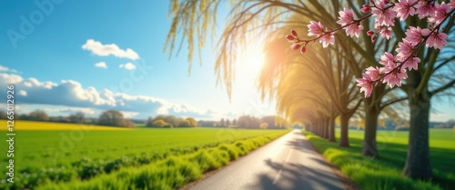 Easter Background Poster Illustration: Serene countryside scene with pink blossoms, golden sunlight, and fluffy clouds. A road in the middle of a lush green field under a bright blue sky. photo