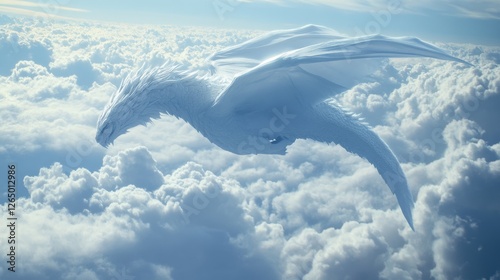 A majestic white dragon soars above the clouds, embodying fantasy and freedom in a sky-high, dreamlike realm of imagination.