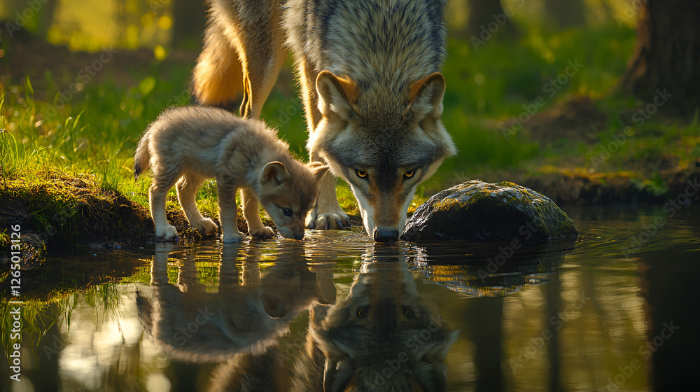 Obraz premium Wolf Drinking Water with Pup in a Lush Valley – Wildlife Serenity