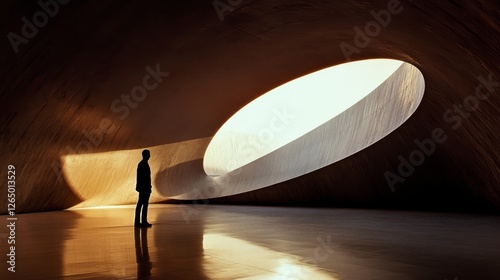 A solitary figure in an ultramodern architectural space looks into a vast opening, urging contemplation and inner peace.