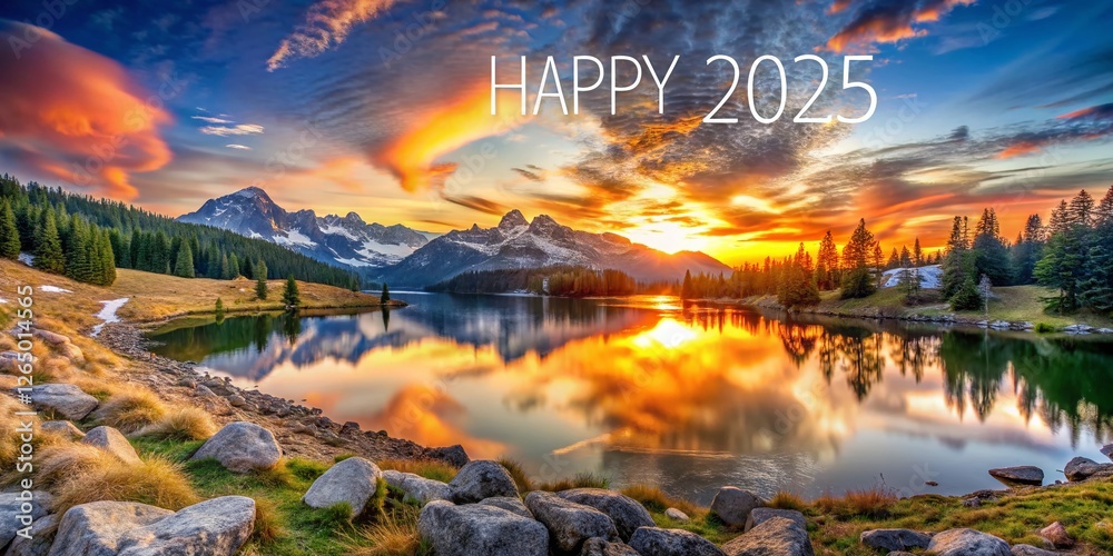 Fototapeta premium Majestic Mountain Sunrise: Happy New Year 2025 Landscape