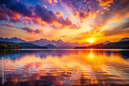 Majestic Mountain Sunset Lake Bokeh Photography - Vibrant Orange Pink Sky Ripples