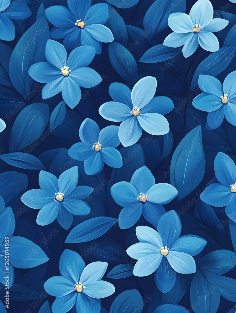 Elegant Blue Floral Pattern with Delicate Petals and Dark Leafy Background Elegant Blue Floral Pattern with Delicate Petals and Dark Leafy Background