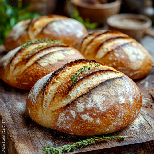 Wallpaper Mural Four rustic loaves of bread rest on a wooden board, garnished with sprigs. Concept of homemade baking or artisanal cuisine. For food blog content Torontodigital.ca