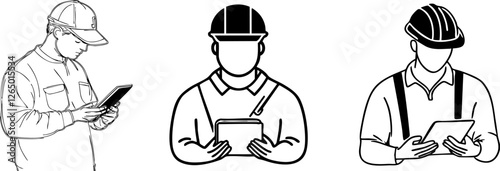 Three line art illustrations of a worker using a tablet perfect for websites or app design. Use these icons to represent construction, maintenance, or repair.