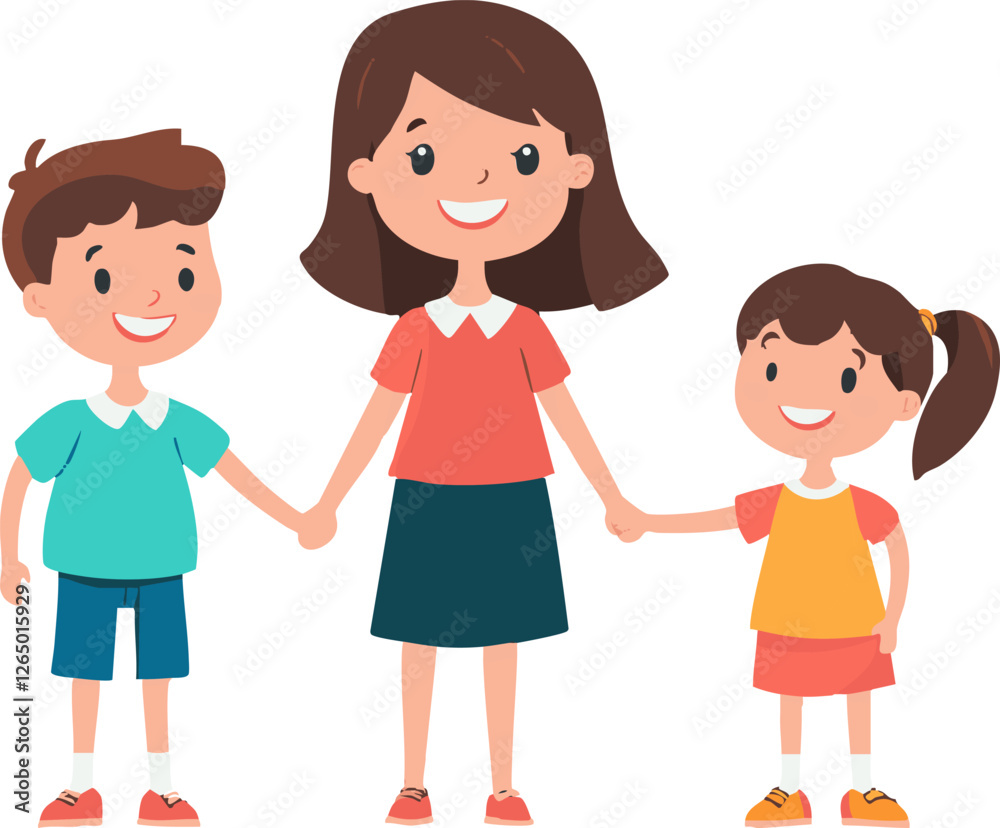A cheerful cartoon illustration of a mother and her two children holding hands smiling happily Perfect for family blogs websites and children's products A cheerful cartoon illustration of a mother and her two children holding hands smiling happily Perfect for family blogs websites and children's products