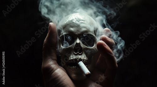 A hand holding a cigarette with smoke forming the shape of a skull, isolated on a black background, photorealistic