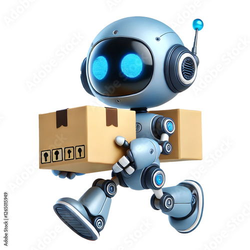 Cute 3D robot carrying a box isolated on white background