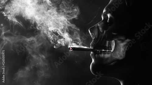 A person smoking a cigarette, the smoke is coming from the cigarette. Black background. Light coming through face with xray skull effect
