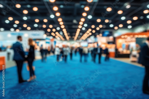 Large exhibition hall blue carpeted floor high ceiling Abstract blur people