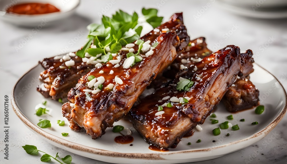 Fragrant fried pork ribs in a unique porcelain dish placed on a white background Fragrant fried pork ribs in a unique porcelain dish placed on a white background