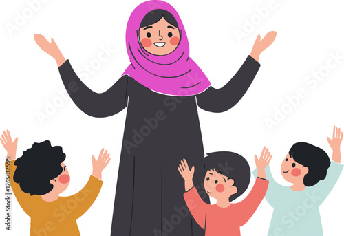 Joyful teacher and three enthusiastic children Perfect for educational websites and children's books.