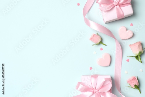 Beautiful composition with pink roses and gift boxes on color background