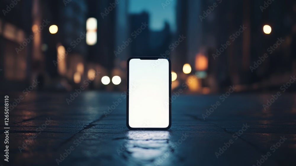 A glowing smartphone on wet pavement highlights the stark contrast between technology’s modernity and the timeless urban night. A glowing smartphone on wet pavement highlights the stark contrast between technology’s modernity and the timeless urban night.