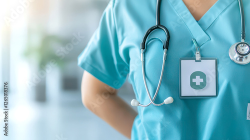 Healthcare concept Mental Health Self-Care. healthcare worker in scrubs with stethoscope and ID badge, symbolizing care and professionalism