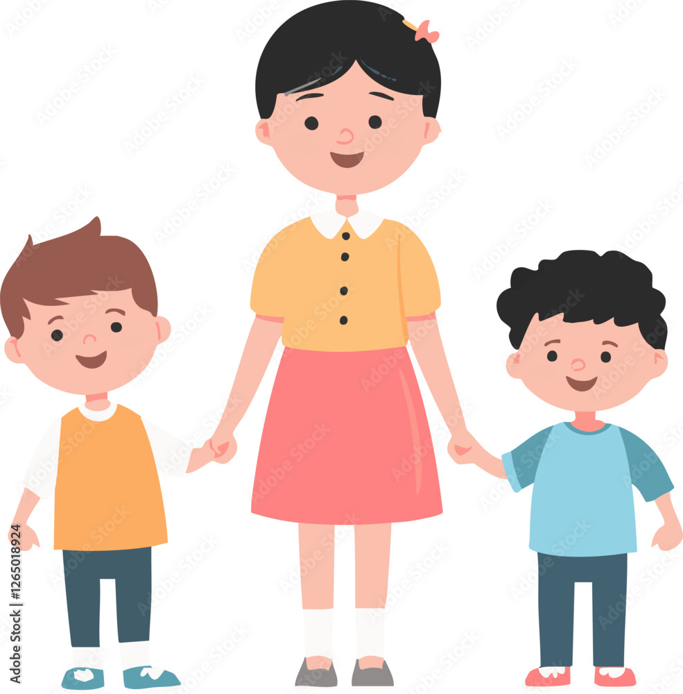 A cheerful girl joyfully holds hands with two smiling children Perfect for websites and educational materials about childcare or family A cheerful girl joyfully holds hands with two smiling children Perfect for websites and educational materials about childcare or family