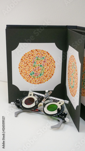 Optical equipment. Trial lens frame and Ishihara test for color blindness. Eye exam concept.