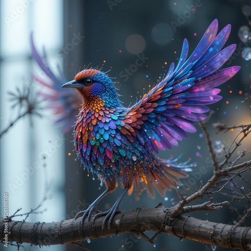 A vibrant, colorful bird with iridescent feathers perched on a branch, exuding a whimsical and fantastical atmosphere. photo