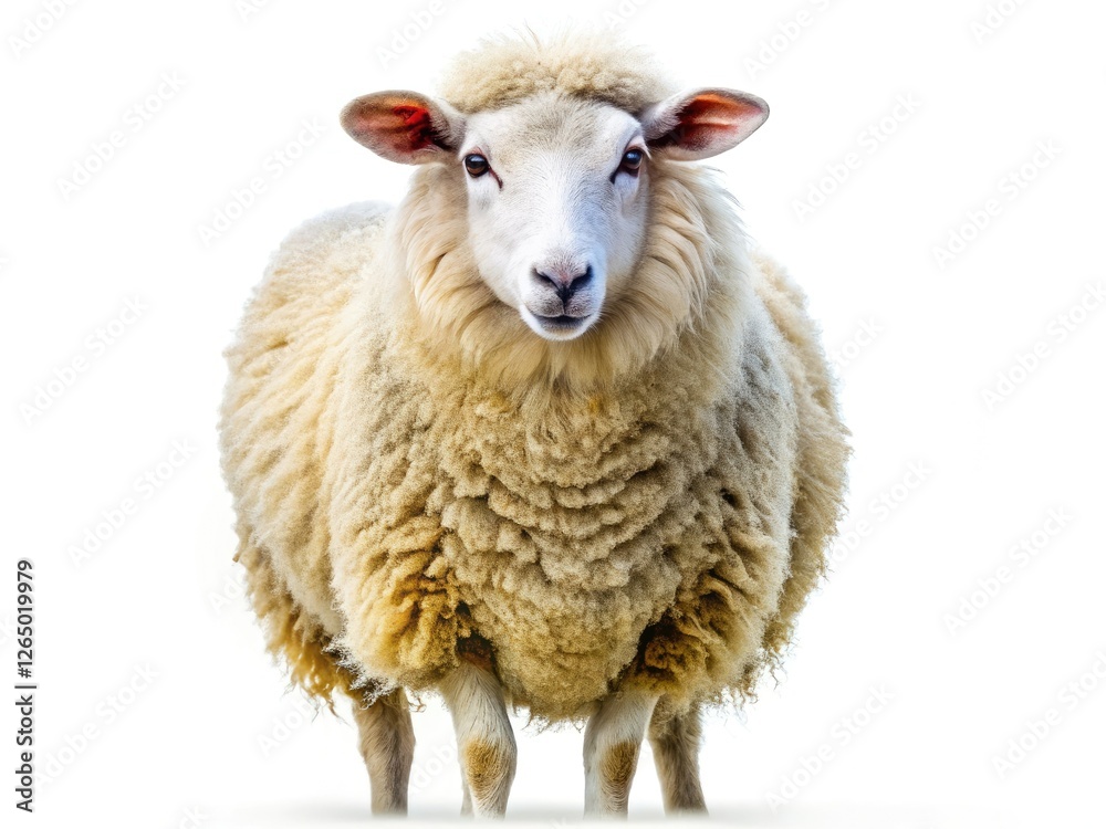 Obraz premium A solitary, cute sheep stands in a verdant field, its wool gleaming under the sun; a picturesque farm scene.