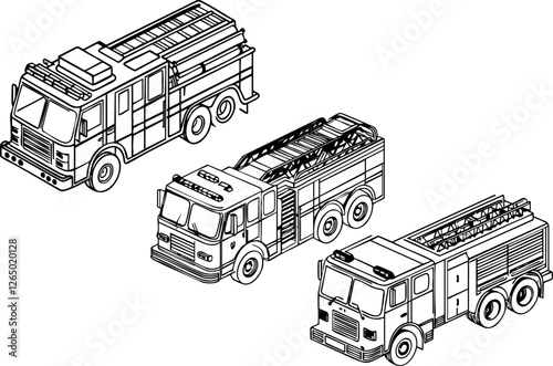 Three detailed line drawings of fire trucks perfect for coloring or use in fire safety education. Great for kids and adults who love to color