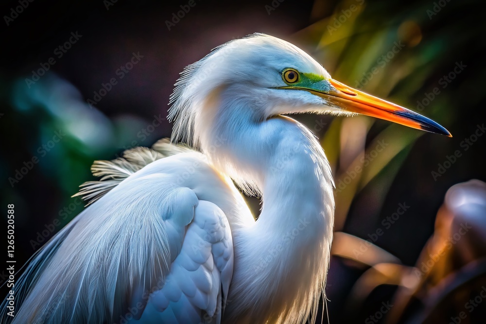 Obraz premium Majestic White Egret Close-Up at Night in Wildlife Park