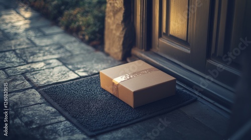 A cardboard box sits on a dark mat by a door, bathed in soft shadows of late afternoon sunlight, hinting arrival or departure.