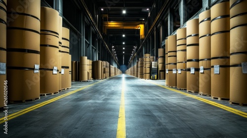 Rows of massive paper rolls line a warehouse lit by an overhead glow. It's a space of quiet industry and productivity. photo