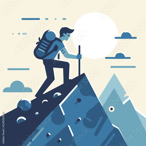 Mountain Hiker Reaching Summit at Sunrise Flat Illustration of Adventure and Determination