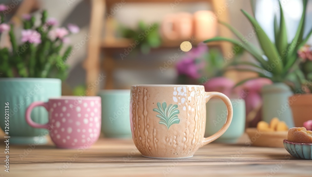 Fototapeta premium A cozy coffee shop scene with pastel-colored mugs and cups