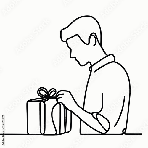 One Line Art of Man Opening Gift Box - Minimalist Line Drawing