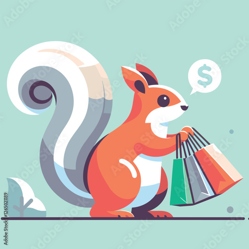 Cute Squirrel Shopping with Bags - Modern Vector Illustration