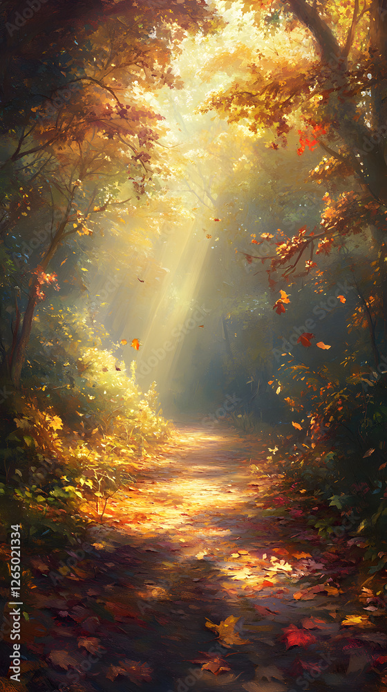 A picturesque autumn forest scene with rays of sunlight filtering through the leaves
A picturesque autumn forest scene with rays of sunlight filtering through the leaves