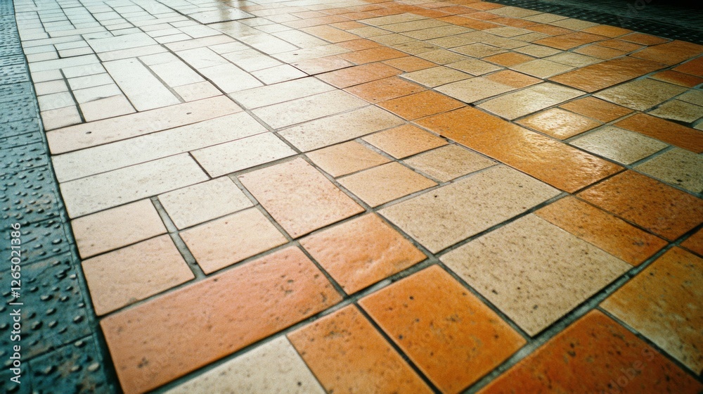 Fototapeta premium Close-up of textured subway tiles, leading into the distance, suggesting motion and urban rhythm.
