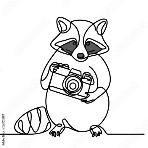 Raccoon Photographer Holding Camera in One Line Art Illustration
