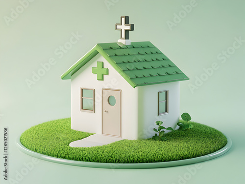 3D Medical Clinic Icon Featuring a Small White House with a Green Roof and a Cross Symbol for Healthcare and Pharmacy Services