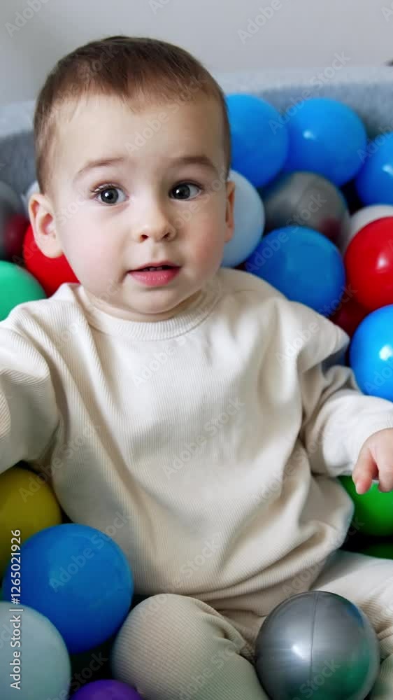 Adorable toddler sits in a dry pool. Cute boy leans back and lies in the multiple balls smiling to the camera. Vertical video Adorable toddler sits in a dry pool. Cute boy leans back and lies in the multiple balls smiling to the camera. Vertical video