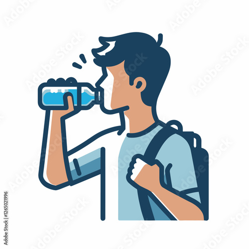 Hydration Focused Young Man with Backpack Drinking Water - Flat Illustration