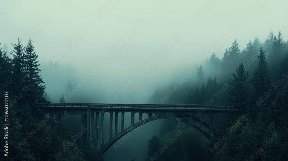 Fototapeta premium A foggy morning envelopes a classic arched bridge amidst a dense forest, evoking mystery and serenity.