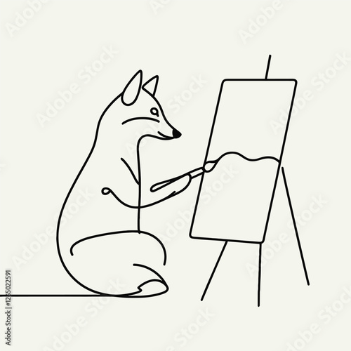 Creative Fox Artist Painting in Minimalist One-Line Illustration