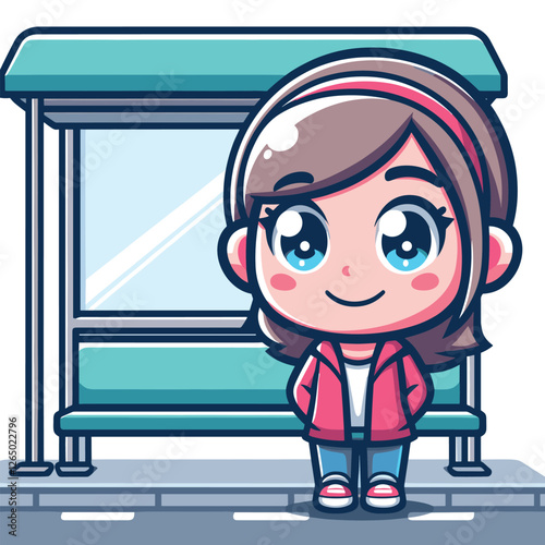 Cute Cartoon Character Waiting at Bus Stop in Flat Illustration