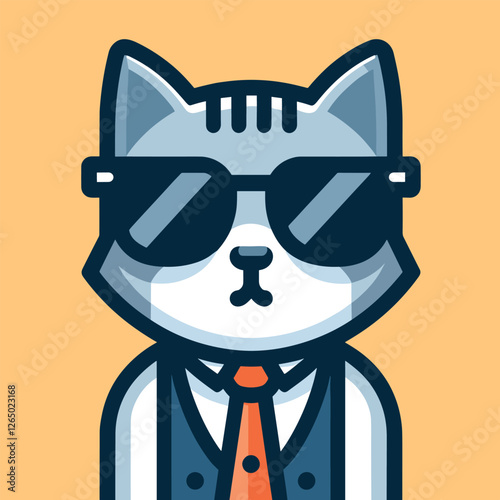 Cool Cat in Sunglasses and Tie Trendy Animal Icon in Flat Illustration Style
