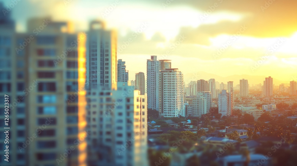 Fototapeta premium Urban skyline glows under golden sunset as light dances across modern high-rises, symbolizing the dynamic pulse and beauty of city life.