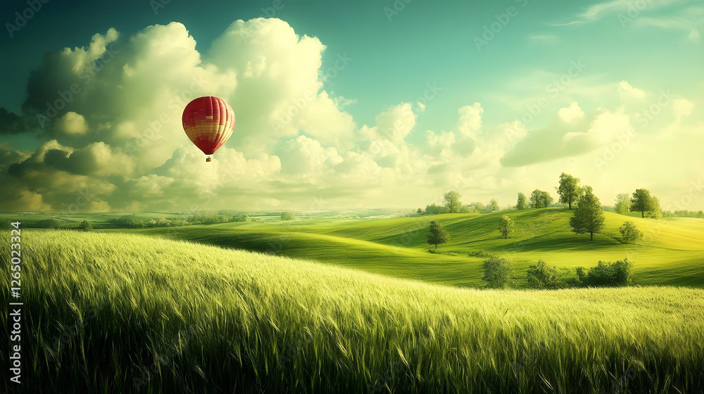 Fototapeta premium Serene Hot Air Balloon Ride Over Rolling Green Hills