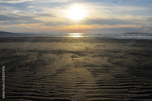 Seascape. Sandy seashore at sunset at low tide