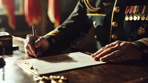 Military officer signing official contract on wooden desk, representing formal agreements and commitments in defense or government sectors. Professional and authoritative setting.