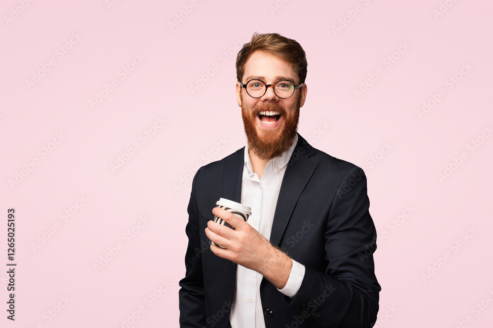 A cheerful man in formal attire holding a takeaway coffee cup, exuding confidence and charm against a soft pink backdrop. Perfect for themes of success, positivity, energy, and modern lifestyle. A cheerful man in formal attire holding a takeaway coffee cup, exuding confidence and charm against a soft pink backdrop. Perfect for themes of success, positivity, energy, and modern lifestyle.