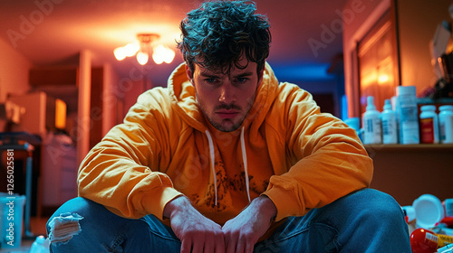 Young man struggling with drug addiction, sitting alone in a dimly lit room