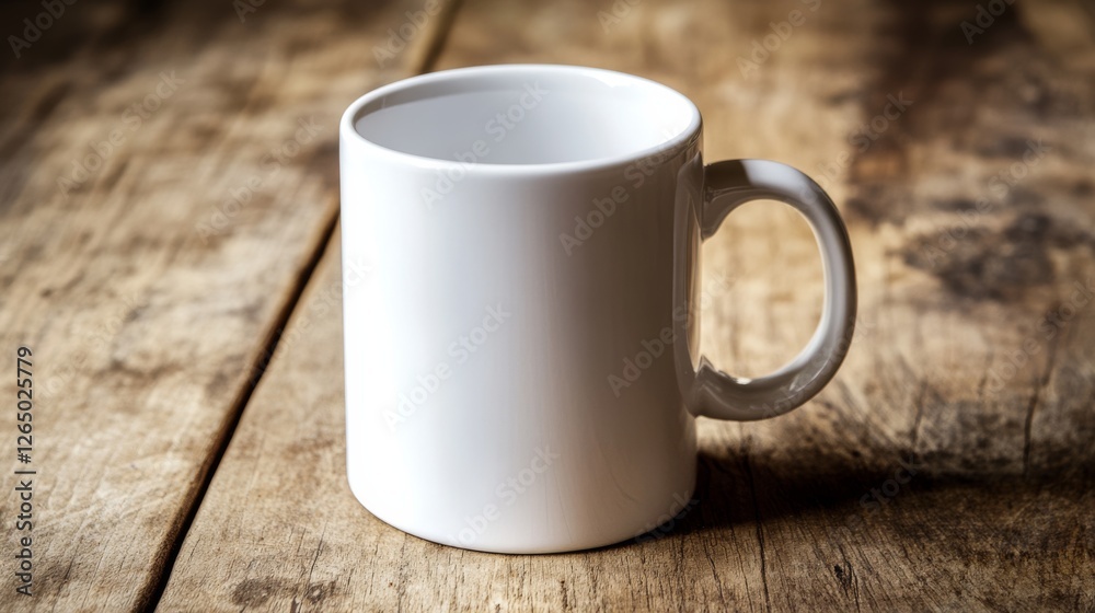 A simple white mug on a well-worn wooden surface, inviting in its bare minimalism and everyday comfort.