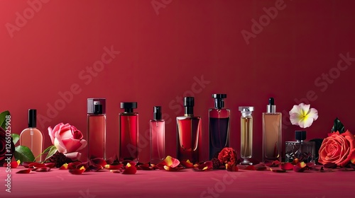 Photography of various perfume bottles arranged in a line on a red background with rose petals, a commercial photography composition
